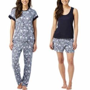 Lucky Brand 4-Piece Tee, Tank, Short, Pant Blue Floral Pajama Set Size S NWT